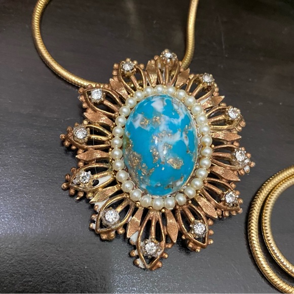 Vintage Cabochon Pearl Rhinestones Sunburst Pendant Round Snake Chain Necklace - Picture 10 of 12